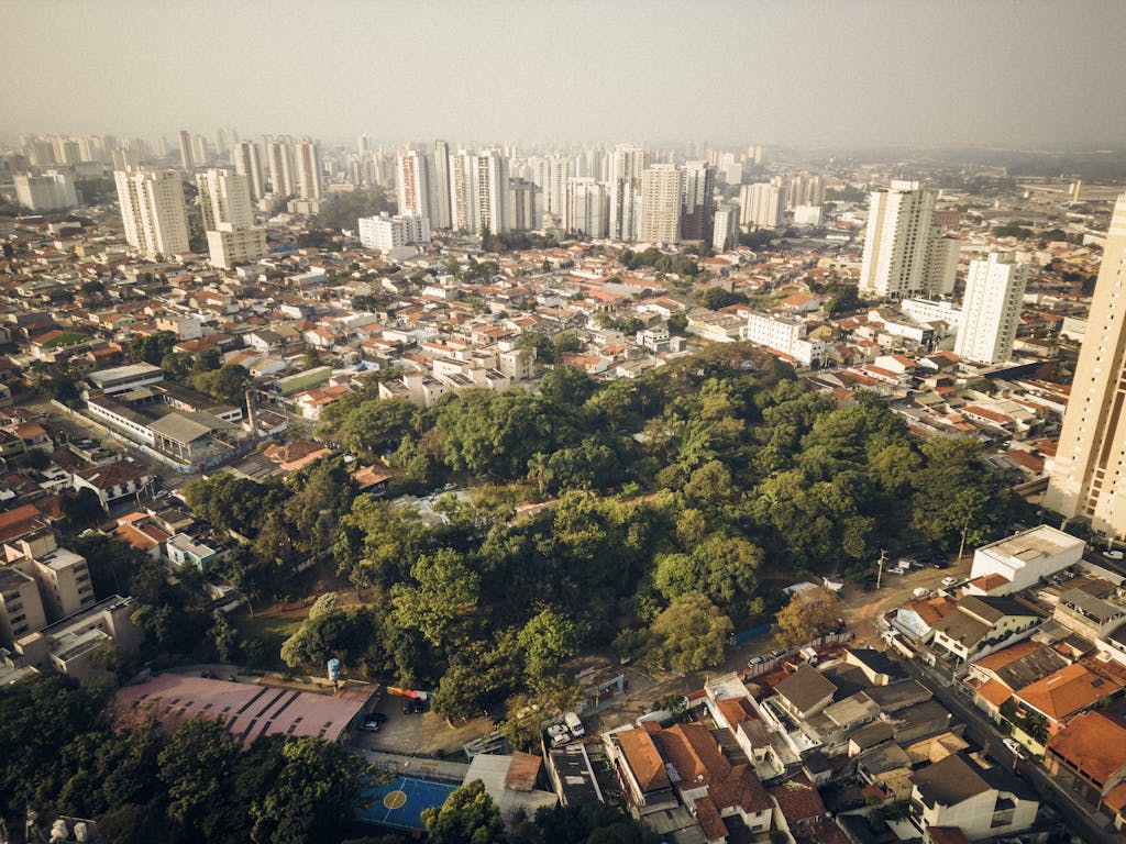 A bird's eye view of a city with tall buildings