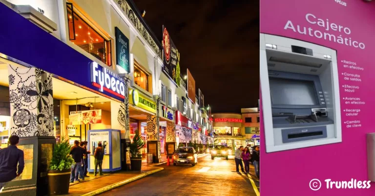 A busy night street with brightly lit storefronts on the left. On the right, a close-up of an ATM with labeled features.