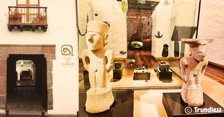 At the entrance of Casa Alabado Museum in Quito, ancient stone sculptures are displayed indoors, capturing the rich history and artistry of this vibrant city.