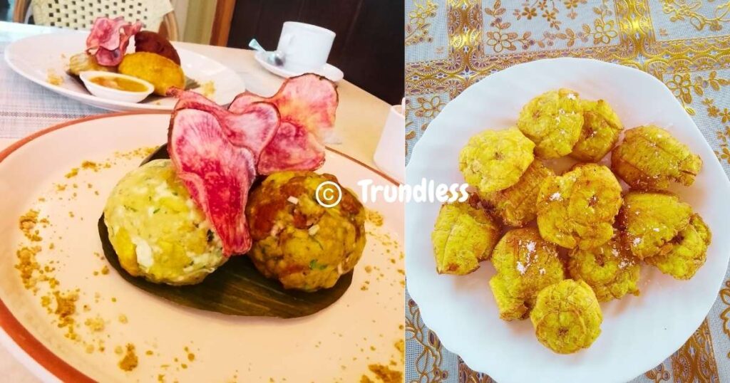 Two plates of food: the left with two savory balls and pink chips, the right with plantain fritters on a white plate.