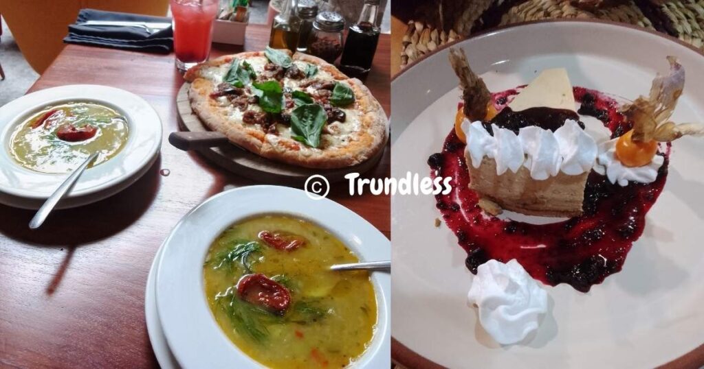 Bowls of soup with garnish, a pizza on a wooden board, and a dessert with whipped cream and berry sauce on a plate, displayed on a wooden table.