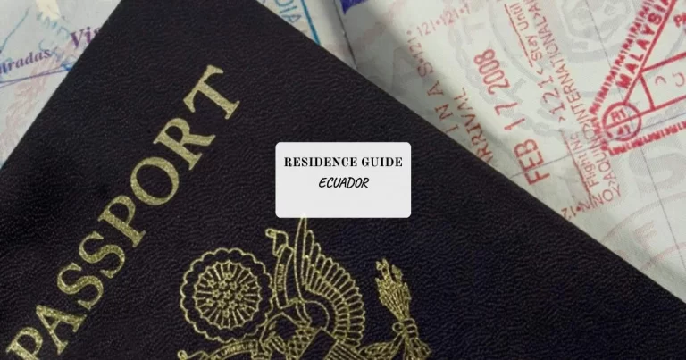 Close-up of a passport with visible stamps, overlaid with the text "Residence Guide Ecuador.