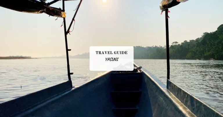 A boat travels on a calm river surrounded by trees under a clear sky, with the text "Travel Guide Yasuni" in the center.