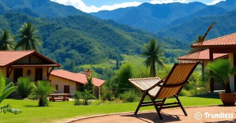 A wooden chair on a patio overlooks lush green hills and mountains under a blue sky, with houses and palm trees in the background.