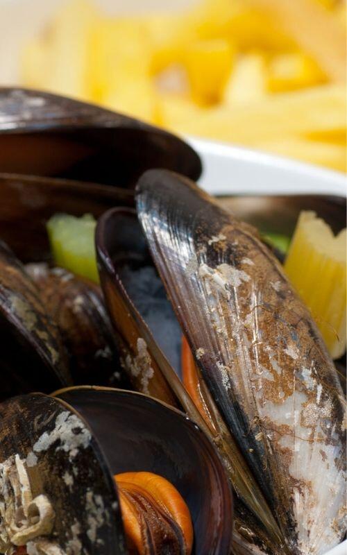 Close-up of steamed mussels in their shells, garnished with chopped vegetables, with French fries in the background.