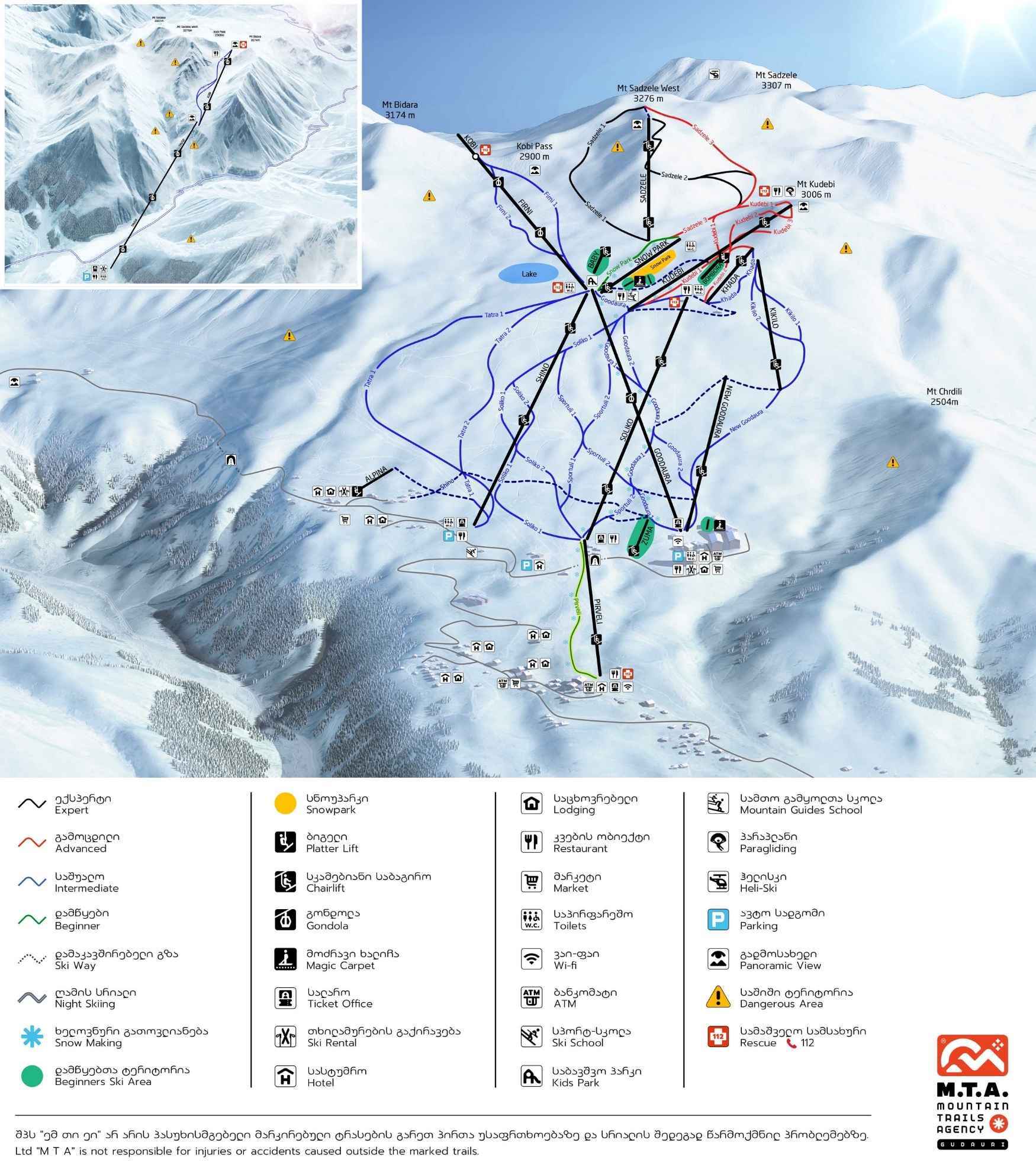 Trail map of a ski resort with color-coded ski runs, various symbols indicating facilities, and a legend explaining the symbols in the bottom section.