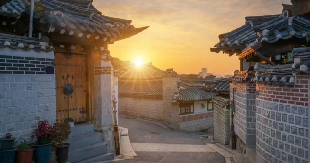 Traditional Korean hanok houses line a narrow stone street at sunset, with the sun low in the sky and casting warm light on the rooftops and walls.